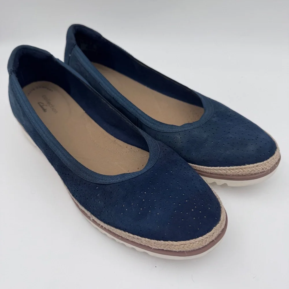 Clarks Collection Mira Tide Navy Blue Suede Espadrille‎ Loafers Flats Women 10M